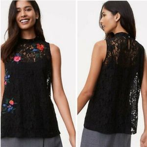 LOFT Black Lace Floral Embroidered Top